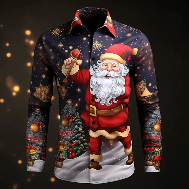 

Hawaiian Christmas Themed Santa Claus Shirt New Year Men's Casual Retro Tops 3D Print Floral Long Sleeve Clothing Holidays