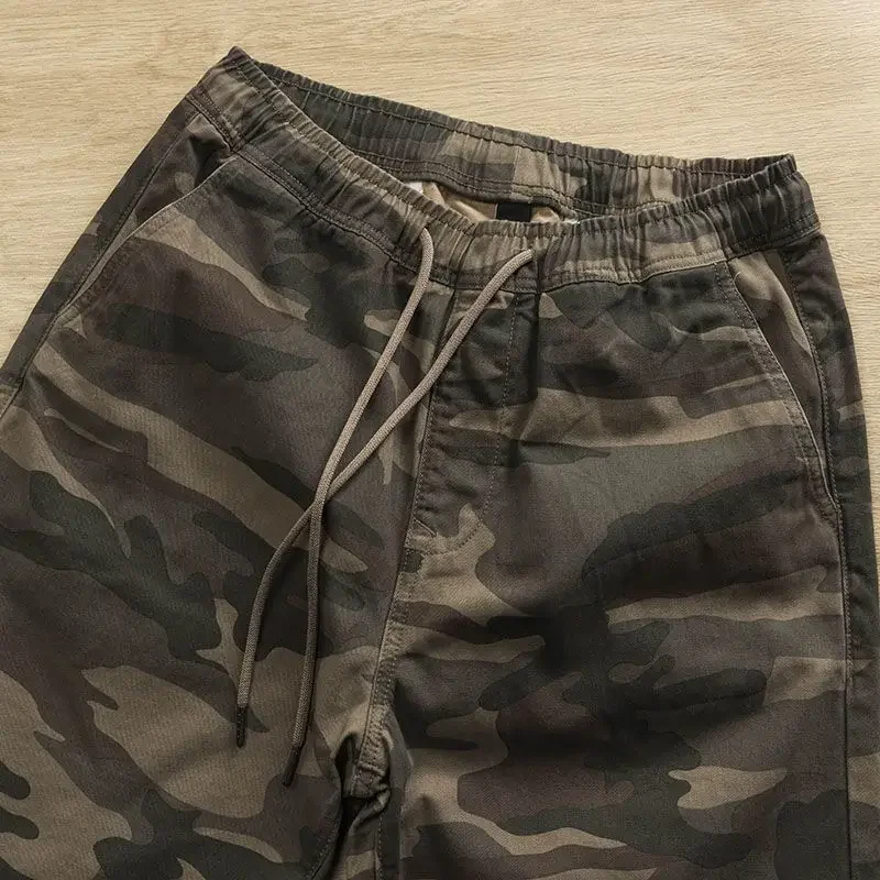 Pantalones cortos Cargo para hombre, Bermudas de camuflaje con cuerda de dibujo, Harajuku desgastado, diseño suelto, cintura elástica