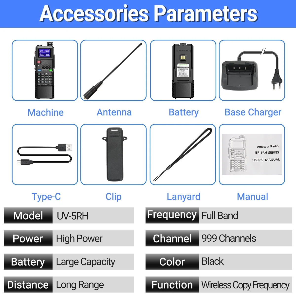 Baofeng UV-5RH Air Band Walkie Talkie 3800mAh 10w Wireless Copy Frequency Multi Band AM Type-C for UV-5R Long Range Ham Radio