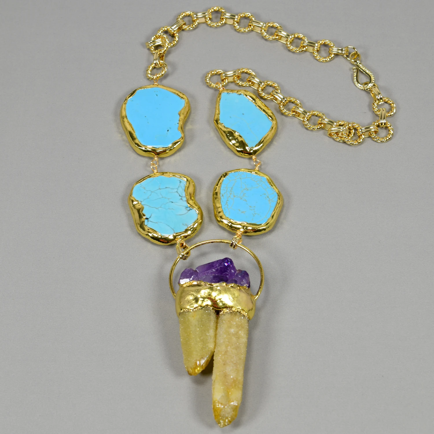 GG 24K Gold Plated Turquoise Lariat Rare Natural Yellow Citrine Pendant Necklace