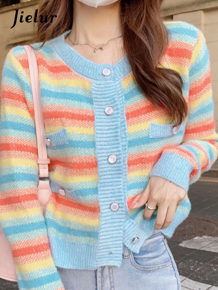 

New French Sweet Knitted Female Sweater Cardigans Autumn Basic O-Neck Fashion Contrast Color Soft Slim Casual Women Cardigans