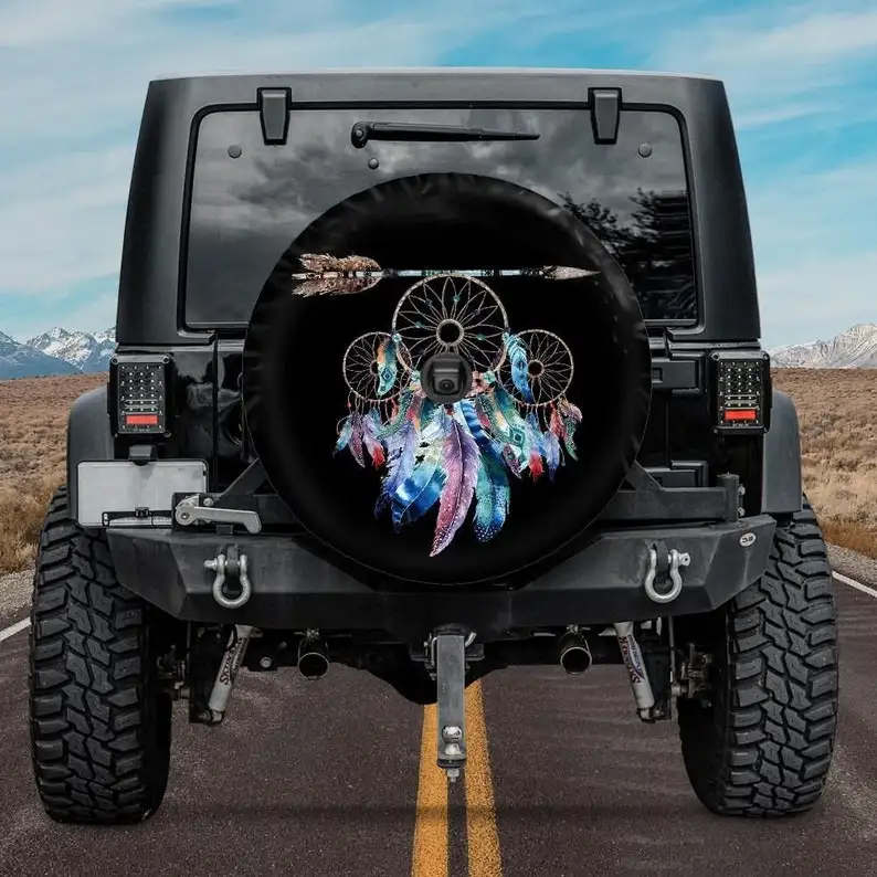 Spare Tire Cover with Boho Dreamcatcher design, Arrow Dreamcatcher Wheel Cover backup camera hole, Dreamcatcher Camper Tire Cove