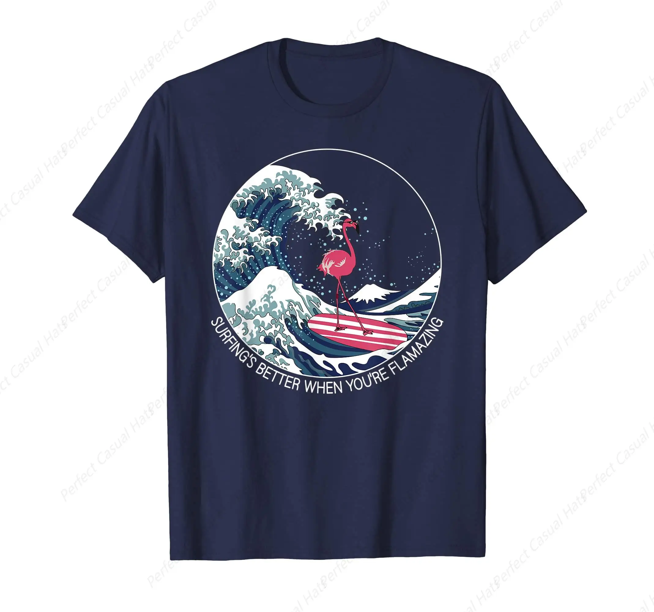 Hot-Selling Flamingo Surfing Great Wave Off Kanagawa Hokusai Japanese T-Shirt Art Lover Leisure O-Neck Tee Unisex