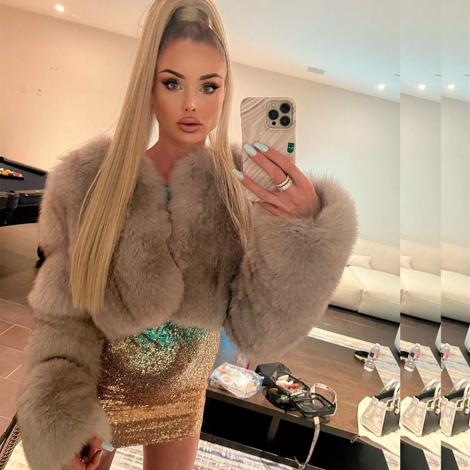 Women Fashion Dust Color Real Fox Fur Short Coat Full Pelt New Fur V-Neck Jacket women's clothing trend 2024 for female lady