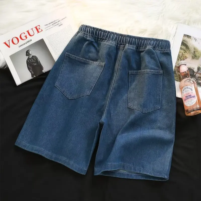 Versátil azul cintura alta cordão denim shorts das mulheres dos homens unisex verão solto casual cintura elástica shorts de perna larga