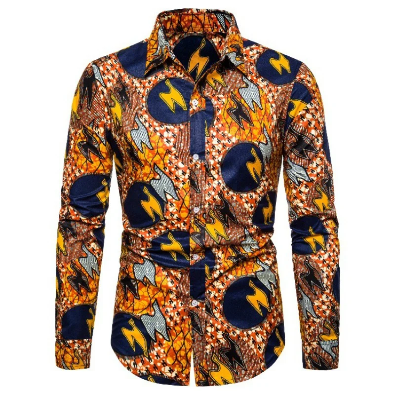 New Men\'s Button Shirt Dashiki African Print Shirts Long Sleeve Tops Traditional Couple Clothes Hip Hop Ethnic Style Streetwear