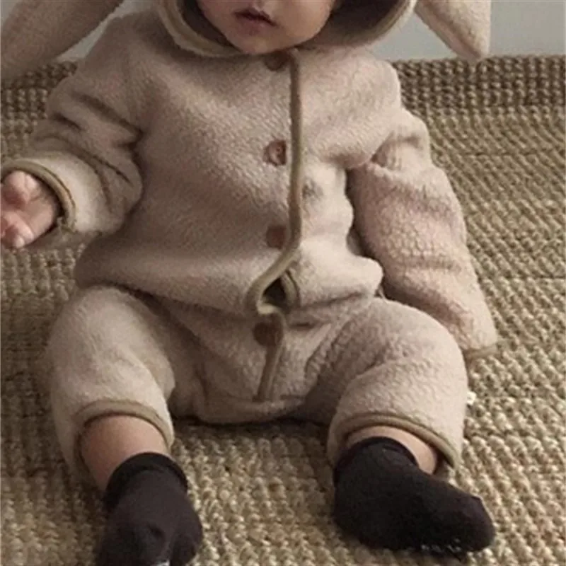 Autumn Winter Girl Baby Fleece Cute Rabbit Ears Cardigan Romper Boy Infant Solid Plus Velvet Warm One-piece Kid Casual Jumpsuit