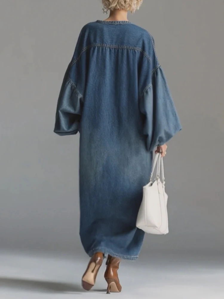 Chic Casual Vintage Denim Dress Loose Long Sleeve Big Pockets Single-breasted V Neck Robes Lantern Sleeve Maxi Dress Vestidos - Image 3