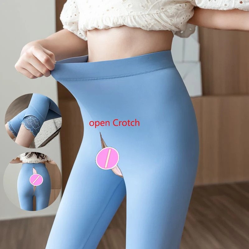 Woman Open Crotch Leggings Korean Hot Crotchless Pants Zipper Hollow Out Lace Leg Design Flash Diamonds Outdoor Sex Game Panties