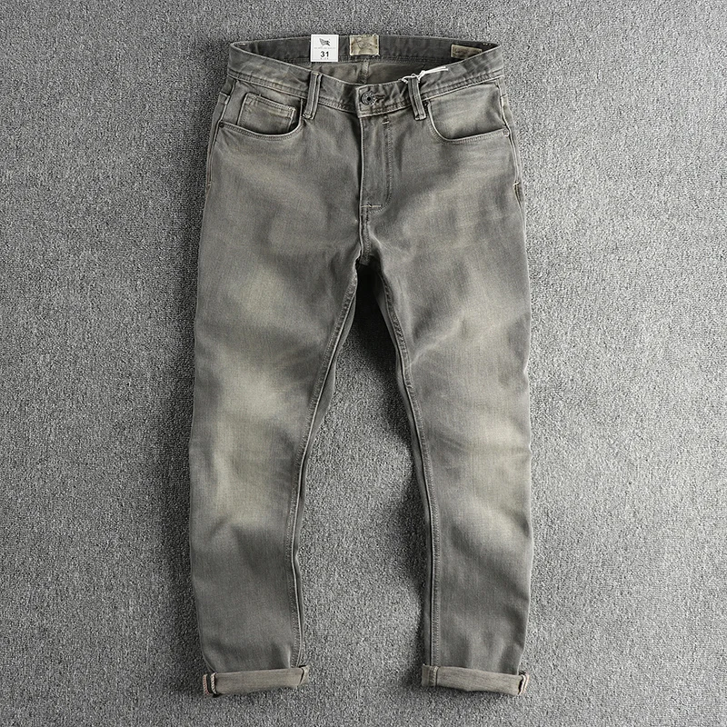 

Spring Autumn New American Retro Heavyweight Smoky Grey Denim Jeans Men's Simple 100% Cotton Washed Old Straight Casual Pants