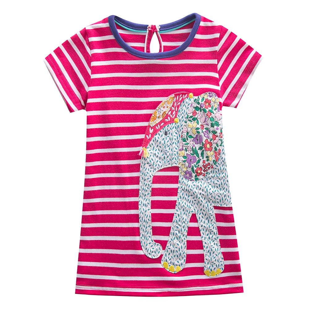 Jumping Meters Summer Princess Girls Dresses Short Sleeve Elephant Applique  for Baby Striped Costume Hot Selling Kids Dress