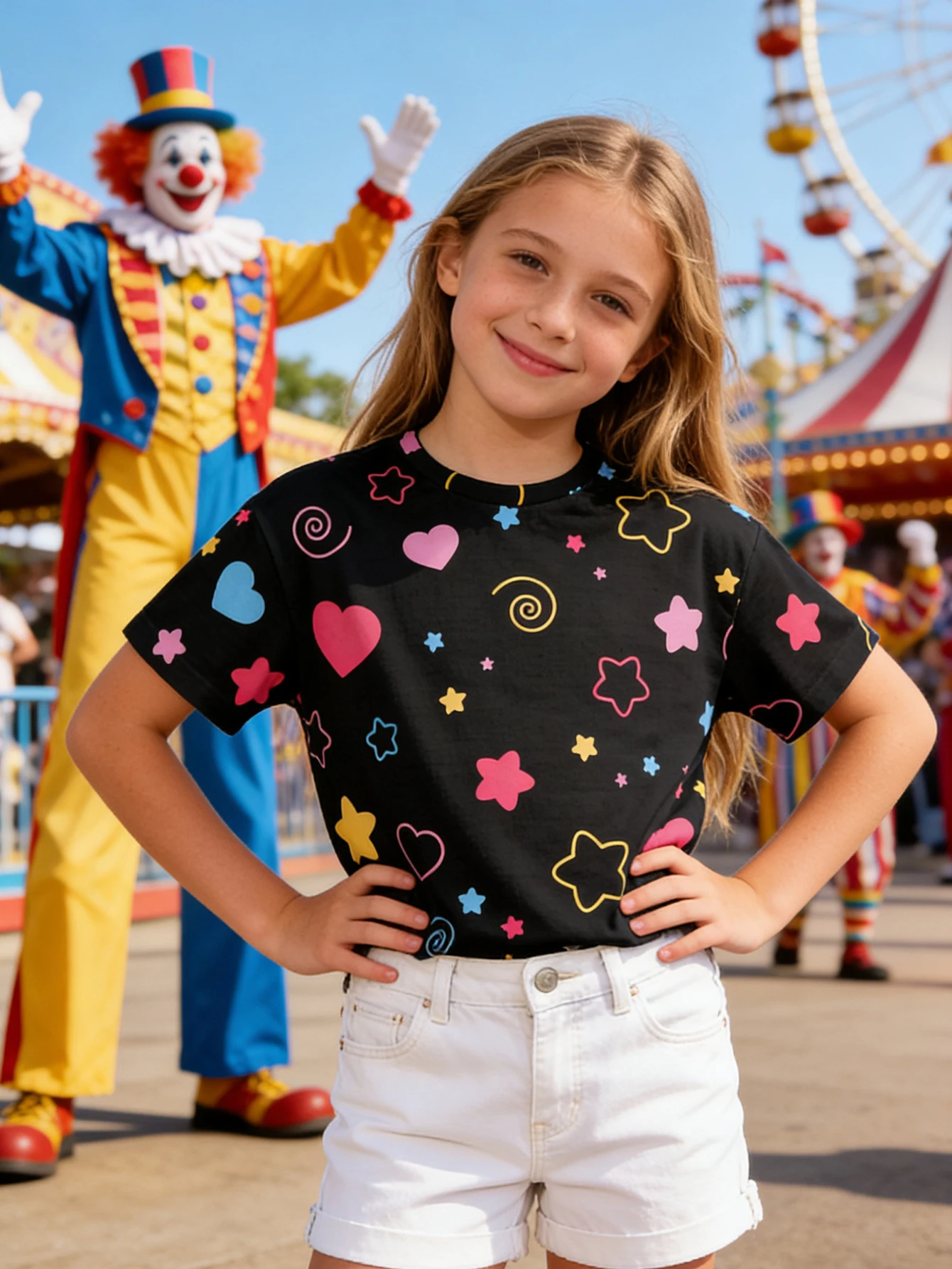 

2026 Girls' Love Star Full Print Short Sleeve T-Shirt Big Kids Summer Top