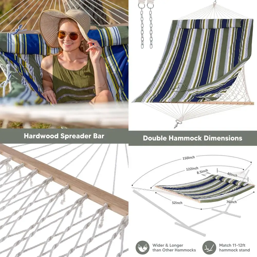 

Double Cotton Rope Outdoor Hammock with Hardwood Bar and Polyester Pad, Blue & Aqua