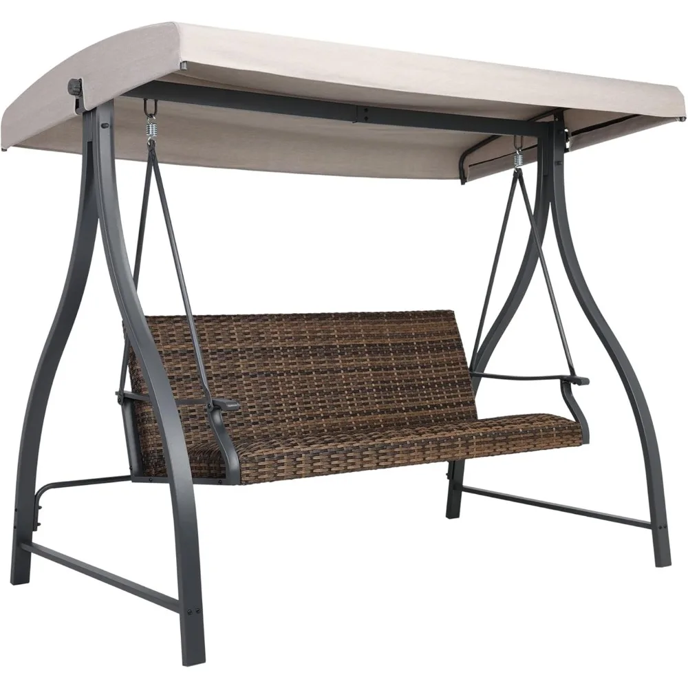 

3-местные качели для уличного крыльца с регулируемым навесом, плетеное кресло-качалка для патио из полиэтилена с быстросохнущим пенопластовым сиденьем, вместимость 882 фунтов, P