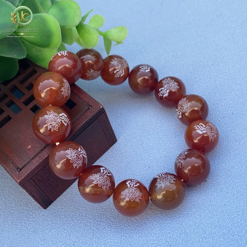 Red agate bracelet with Buddhist characters and lotus design, unisex style, available for live streaming, street stalls, and nig