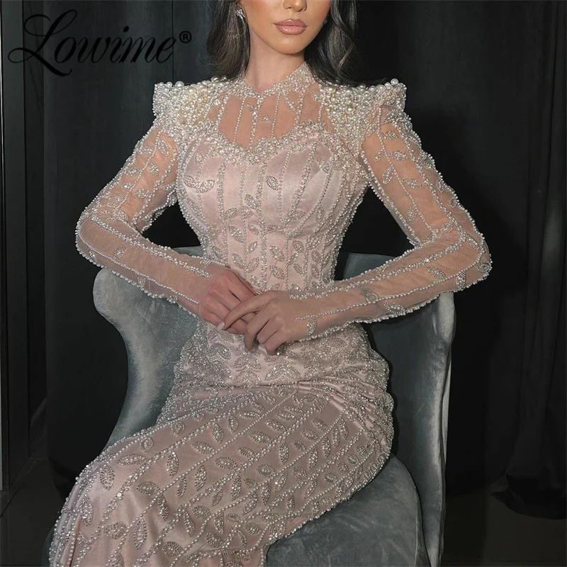 2024 Customize Pink Long Sleeve Beaded Pearls Evening Gown Arabic Mermaid Prom Dress Women Party Second Reception Birthday Dress