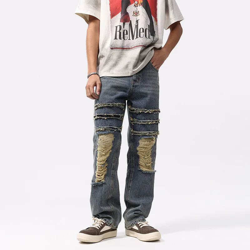 

The new American high-end hip-hop retro tide high street loose hundred casual straight hole personality jeans men's models