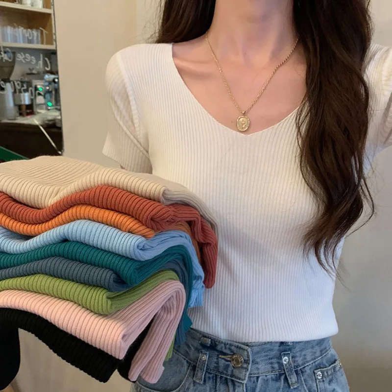 

Summer Female Ice Silk V-neck Knitted T-shirt Girls Fashion Short Sleeve Pullover Tops Women Chic Korean Thin Clothes