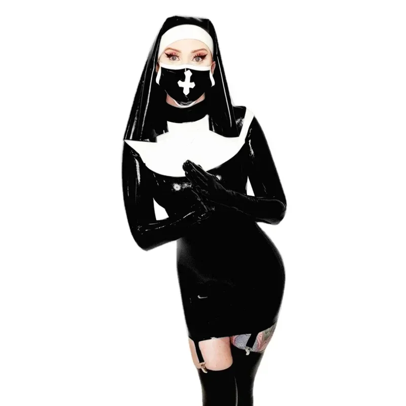 

Wetlook PVC Leather Cosplay Garter Dress with GLOVES ExETOIC BODYCON Nun OutFit Sexy Nun Uniform Suit Party Clubwear 7XL