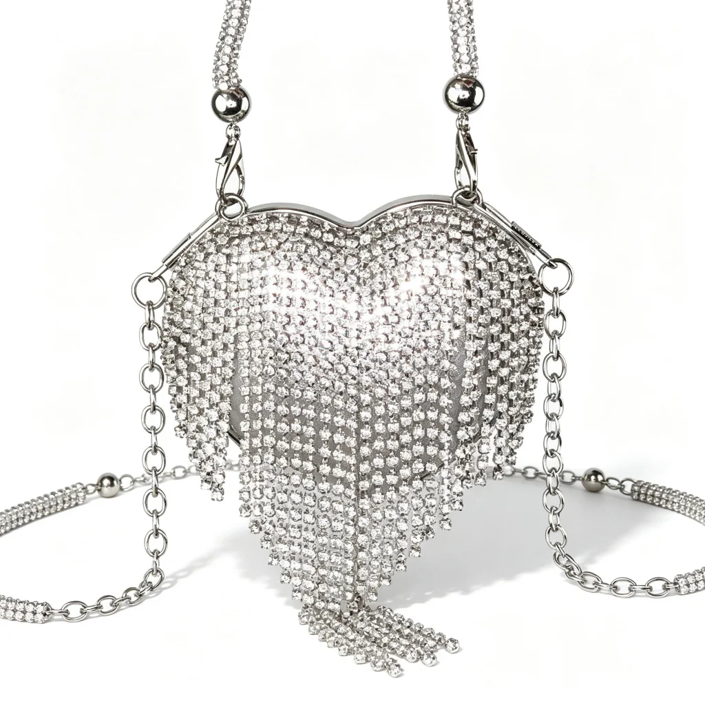 Fashion Mini Heart Shape Crystal Chain Bag Women Crossbody Evening Party Rhinestone Versatile Minimalist Handbag Sparkly Bling