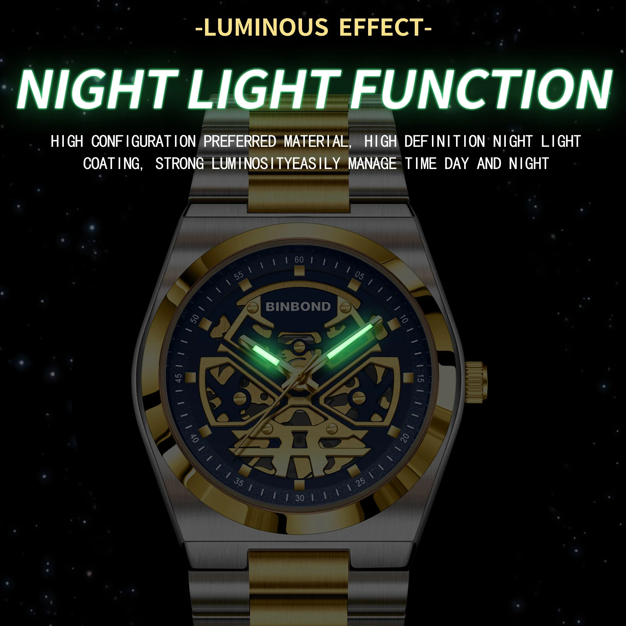 BINBOND العلامة التجارية الفاخرة رجل ساعة اليد مقاوم للماء مضيئة الهيكل العظمي الجوف الرجال الساعات الفولاذ المقاوم للصدأ كوارتز ساعة رجالي الذكور