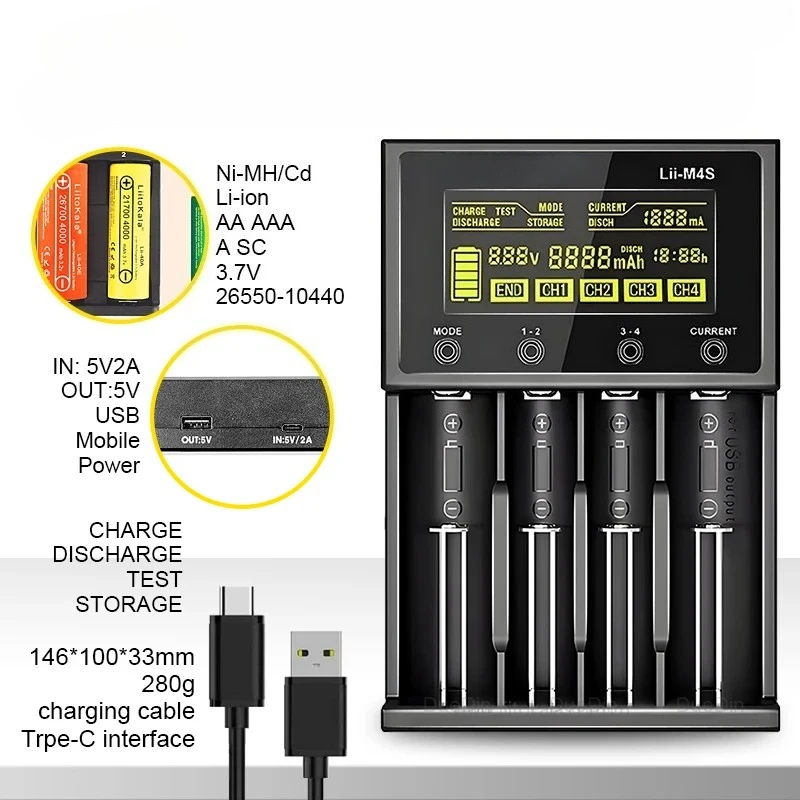 LCD Display Fast Charging Auto-Detect 18650/AA/AAA Multi-Protection USB-C Input Lii-M4S/M4 Smart Charger