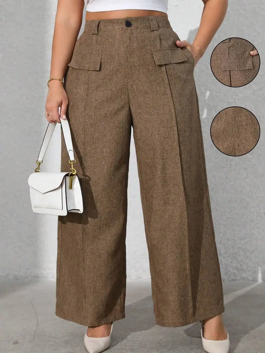 

Wide Leg High-Waisted Casual Suit Pants for Women, Solid Brown, Pleated Front