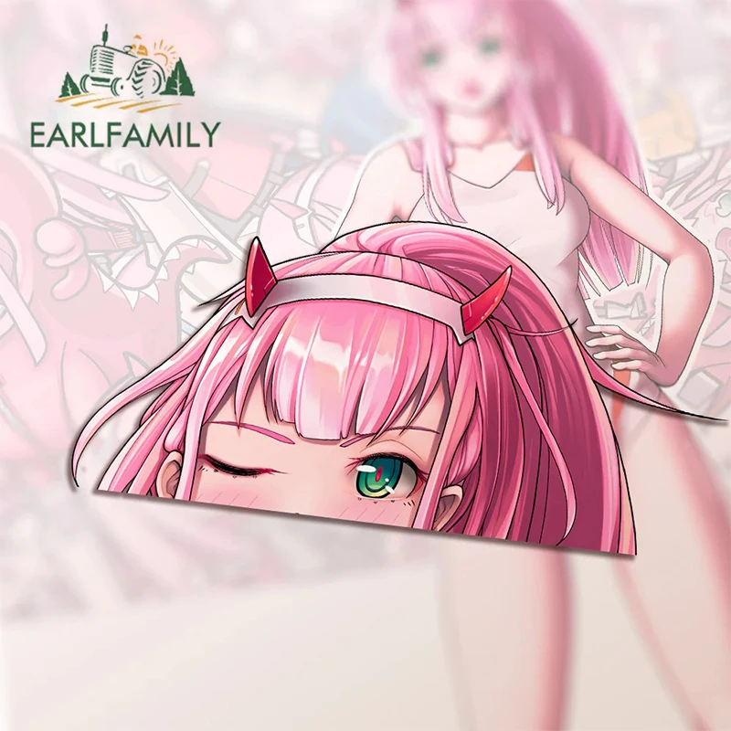 EARLFAMILY Zero Two Chibi Peeker Wink Car Stickers Darling Cute Anime Interesting Decals Scratch Proof Glass Accessories