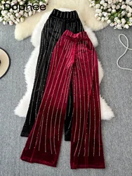 Fashion Diamond-encrusted Hot Diamond Striped Loose High-waisted Gold Velvet Straight Vertical Wide-leg Pants Women Casual Pants