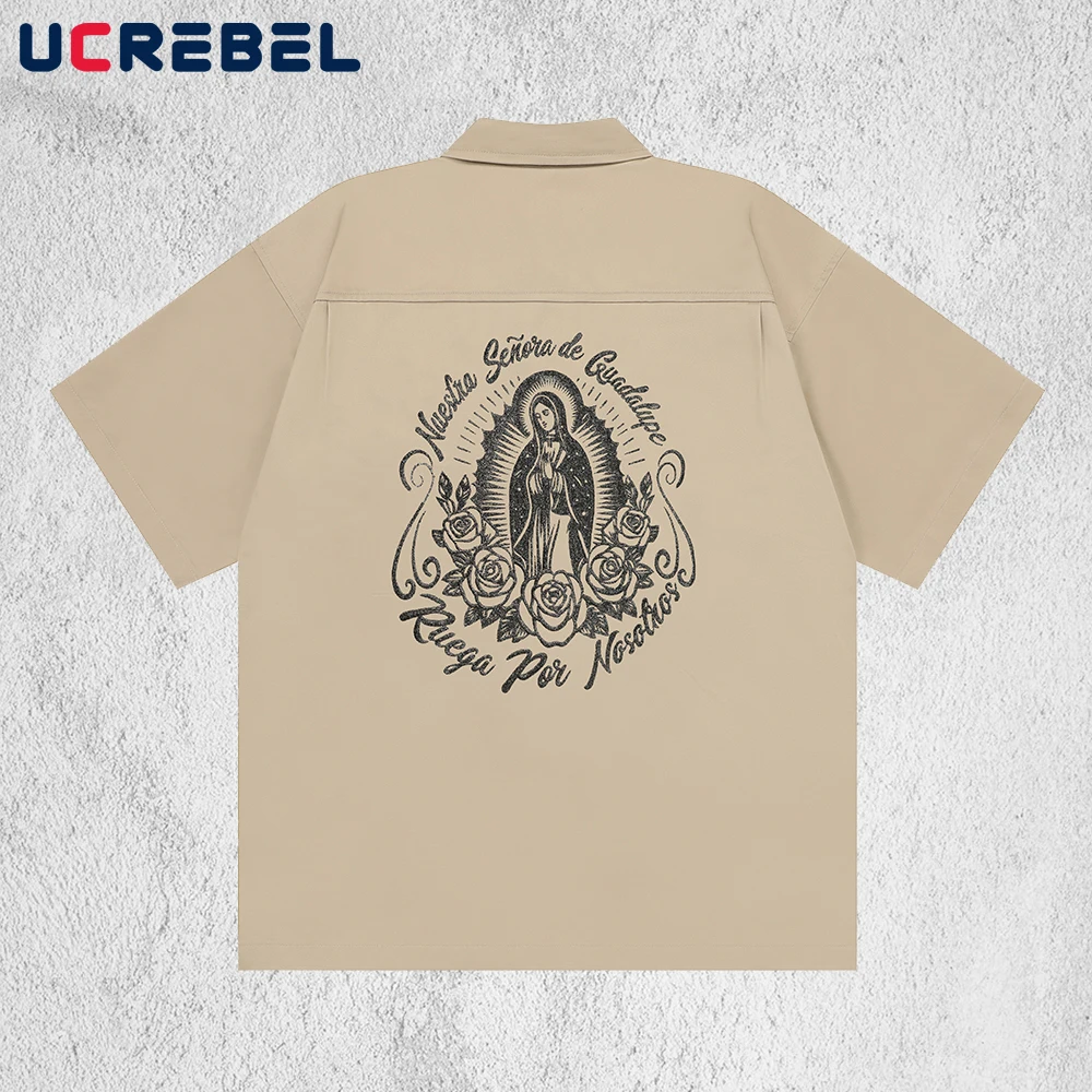 

Chicano Letters Embroidery Short Sleeve Shirts Mens Pocket Summer Hip Hop Streetwear Single Breasted Lapel Half-Sleeve Shirts