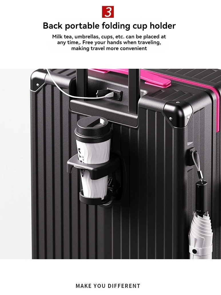 Suporte de copo com zíper de roda giratória leve de 24 polegadas, mala de viagem para estudantes, mala de embarque, mala de 20 polegadas