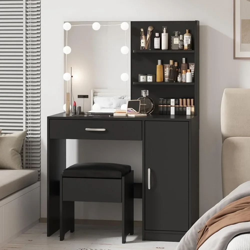 Makeup Vanity with Lighted Mirror, Desk Drawer and Storage Cabinet, Dresser Mirror Dressing Table for Bedroom, Bathroom