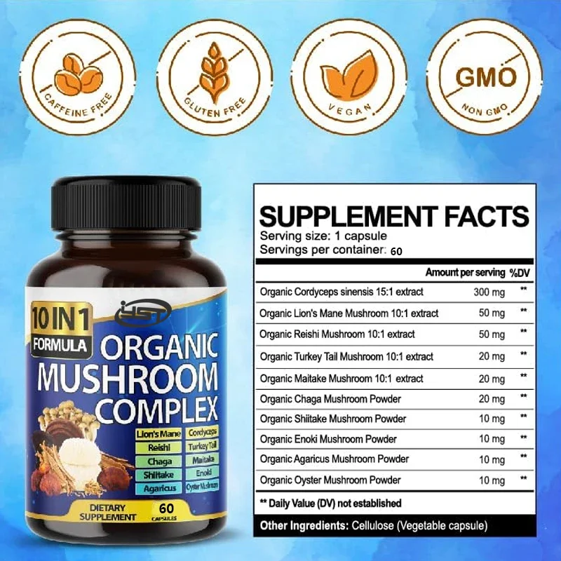 10 in 1 high-strength mushroom supplement - Lion mane, Cordyceps sinensis, Ganoderma lucidum-Memory and focused brain supplement