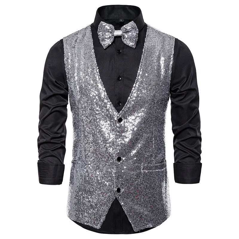 Men's Sequin Shiny Slim Fit Vest Sleeveless Suit Waistcoat Set with Bow Tie 2 Pieces for Dancing Christmas Party Wedding Prom