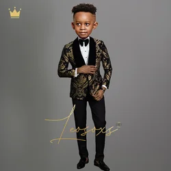 Boys' gold pattern suit dress set 2 pieces (black velvet shawl collar + black trousers) custom wedding birthday tuxedo