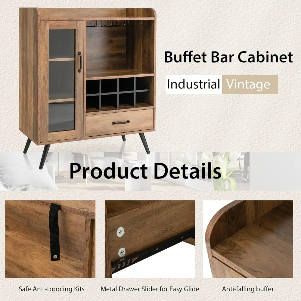 Mueble de bar con estante para vino, mueble tipo buffet para cafetería con almacenamiento, cajón, soporte para vidrio, aparador de madera para botella de vino