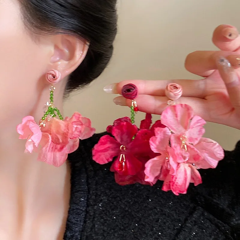 Silver Needle Fabric Dried Rose Flower Earrings Sweet Temperament Gentle Earrings Spring Summer Romantic Holiday Wind Jewelry
