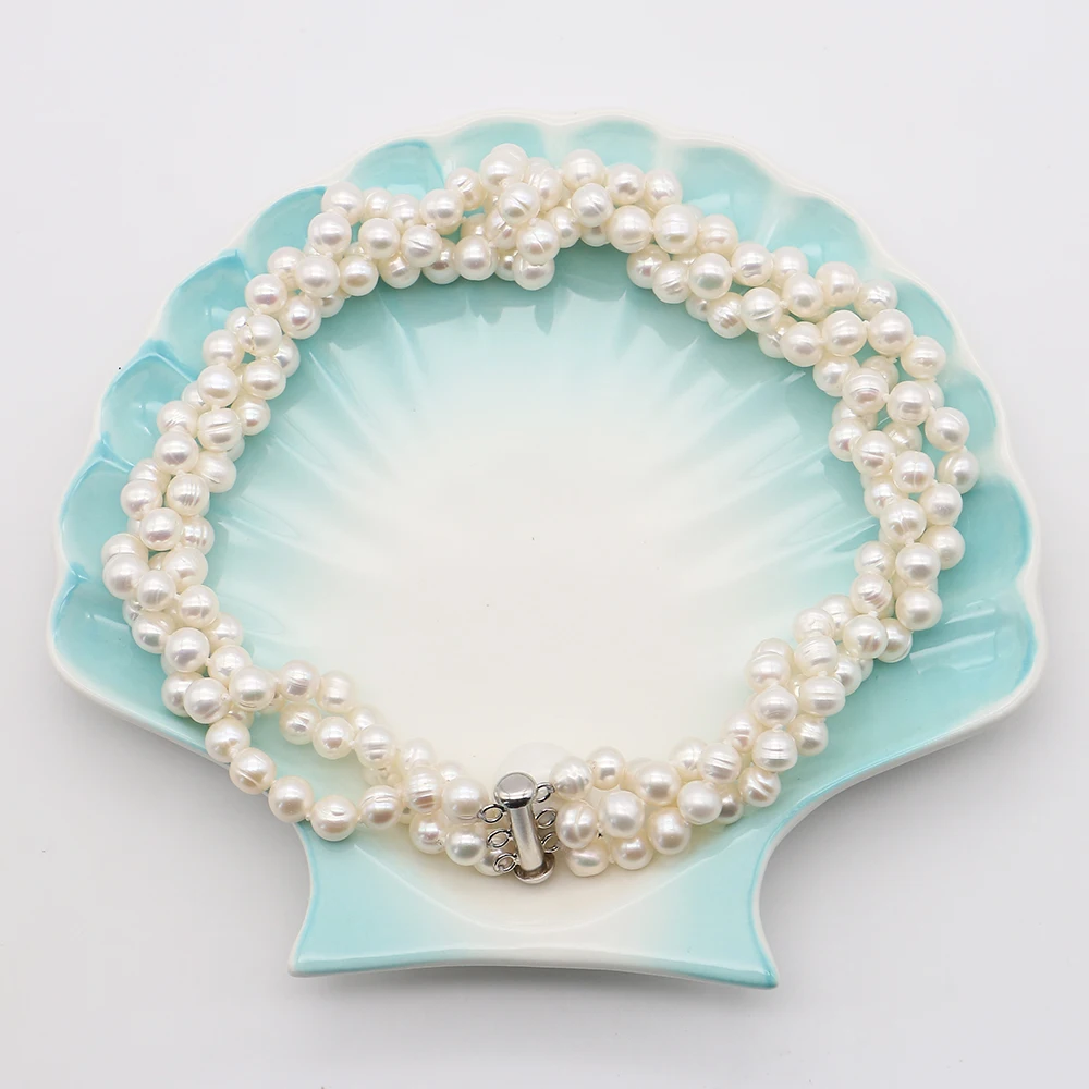 

7-8mm Natural Freshwater Screw Pearl Necklace 3-layer Round Pearl Beaded With 3-row Clasp Accessory Design Elegant Jewelry Gift