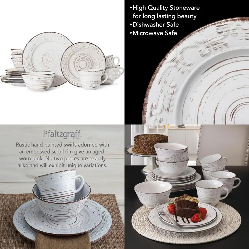 

trellis white 16-piece stoneware dinnerware set, service for 4, distressed white finish, microwave & dishwasher safe plates and