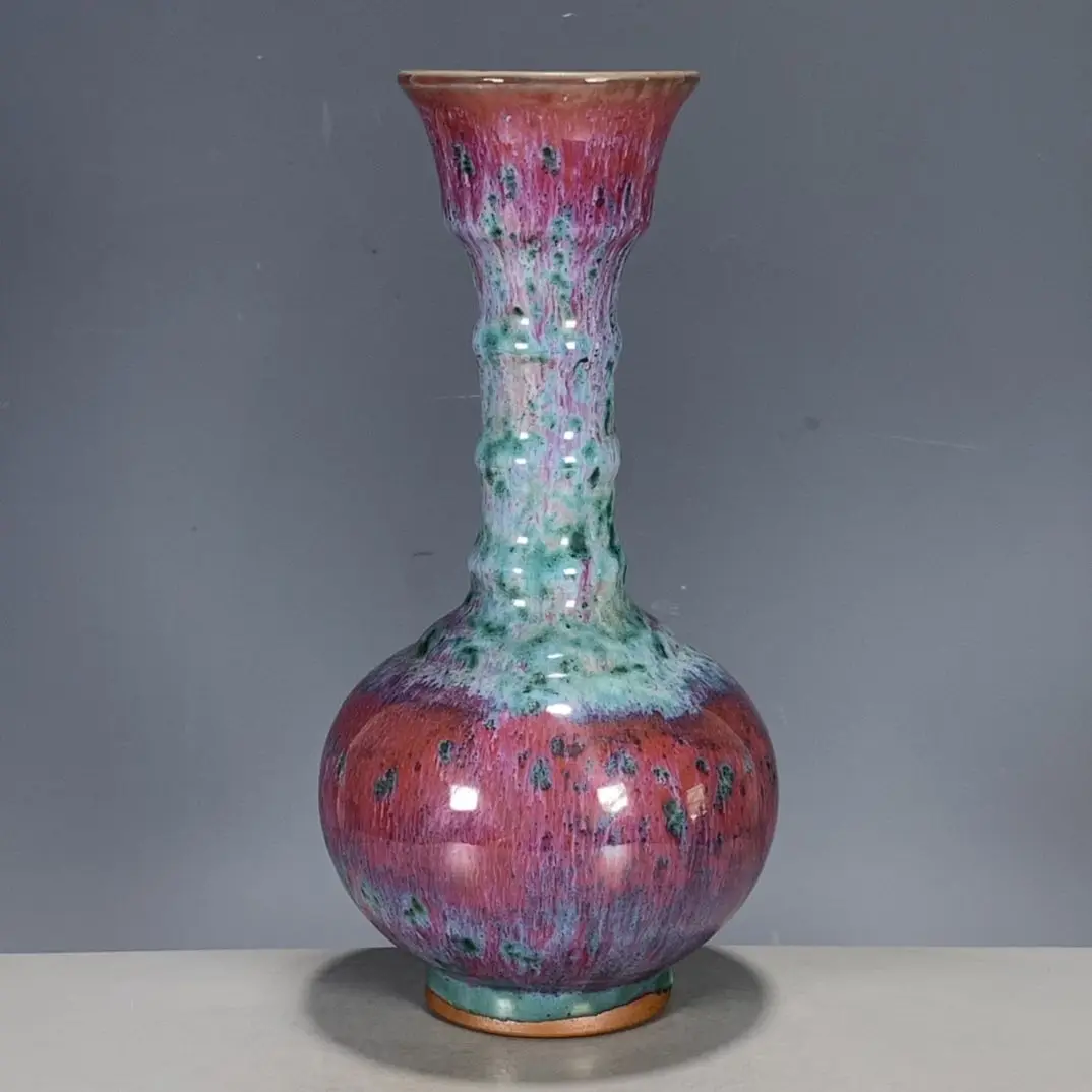 Chinese antique porcelain Jun porcelain kiln green glaze bamboo plate-mouth bottle decorative artwork ornaments