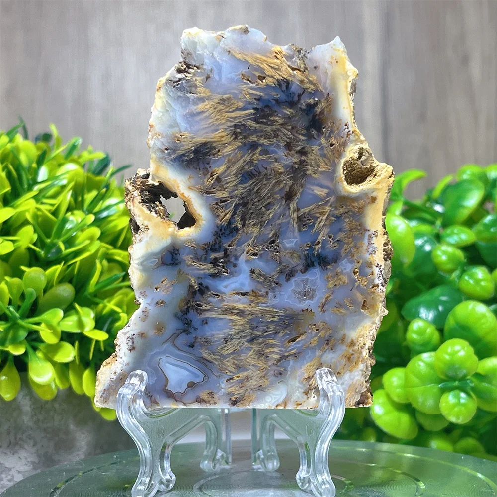 

Crystal Natural Hair Slab Agate Specimen Stone Quartz Minerals Witchcraft Geode Energy Home Decoration Reiki Healing+Stand