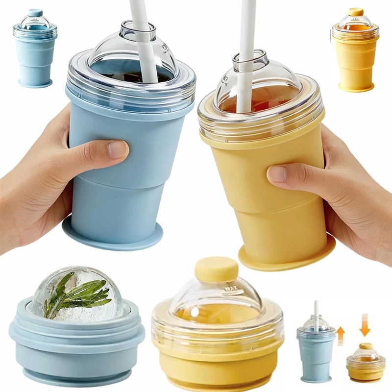 2-in-1 Collapsible Silicone Ice Ball Cup Reusable Ice Sphere Maker with Straw & Lid Portable Freeze Mug for Coffee Tea Juice