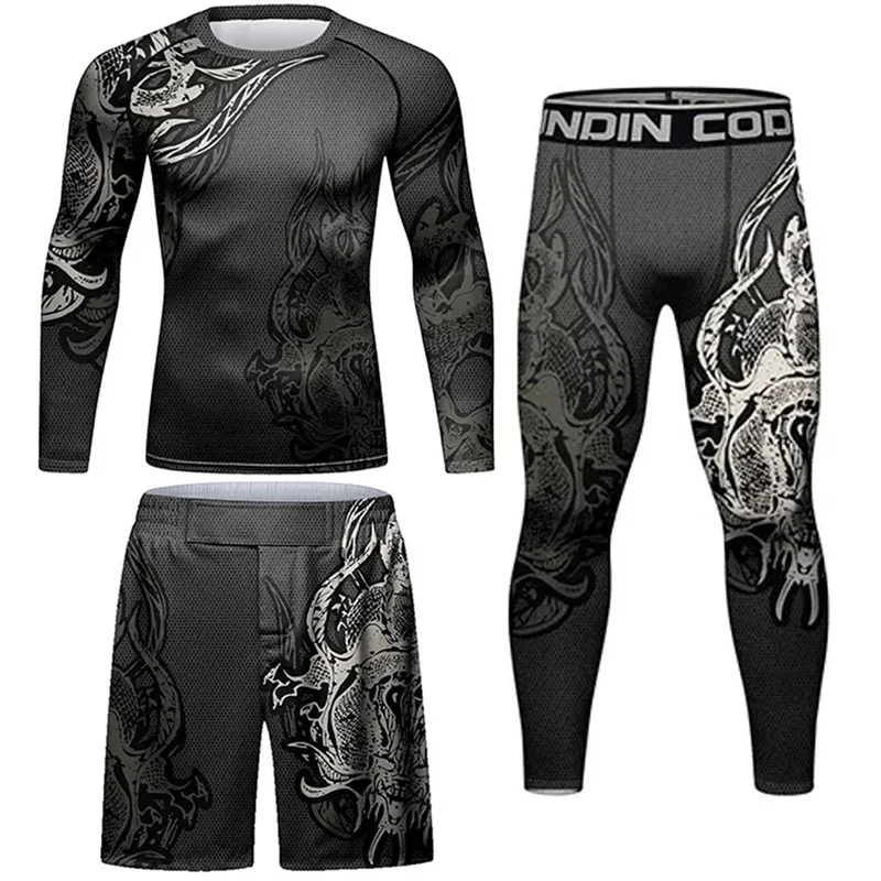 Boxeo hombres MMA compresión entrenamiento de lucha Rash Guard camiseta + Pantalones conjunto Bjj Gi deportes Kickboxing Jiu Jitsu Rashguard pantalones cortos ajustados