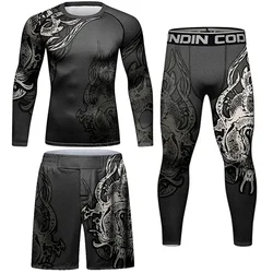 Boks mężczyźni MMA walka kompresyjna trening wysypka Guard T-shirt + zestaw spodni Bjj Gi sport Kickboxing Jiu Jitsu Rashguard obcisłe spodenki