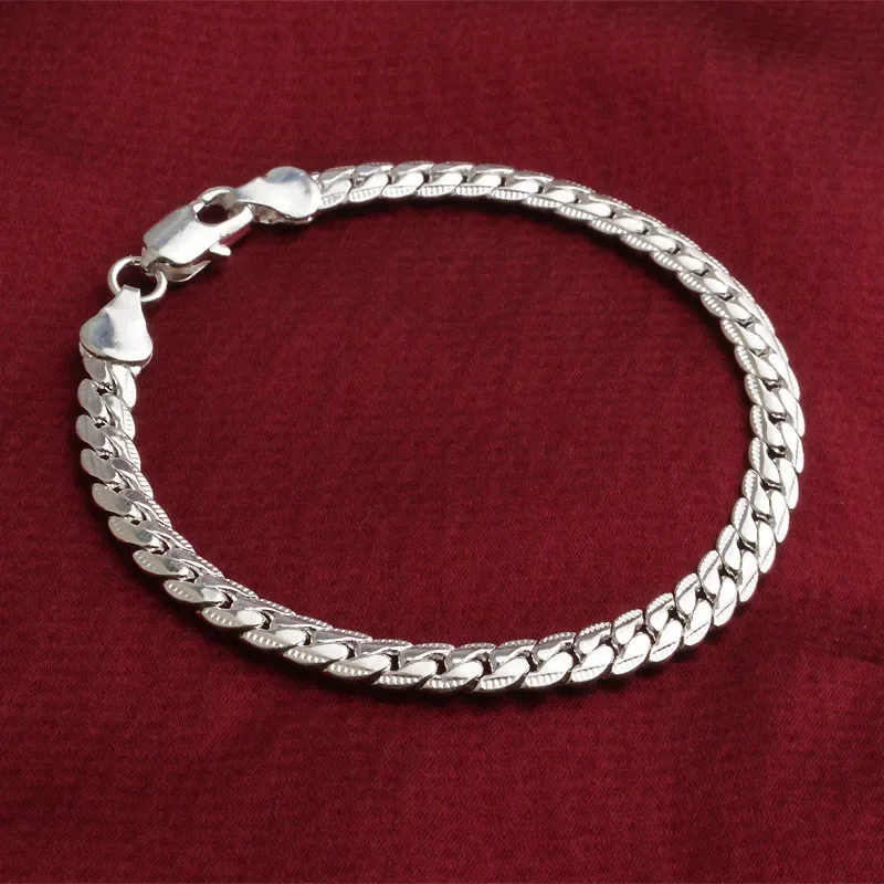 925 Sterling Silver Bracelet 6mm 18/20cm Flat Side Chain Lobster Clasp Bracelet for Woman Man Party Wedding Engagement Jewelry