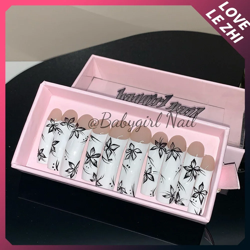 

Handmade High-End Nude Long Eagle Claw Shaped Freehand Painting Flower Fake Nails Curved Full Cover Press On Nails Girl Gift