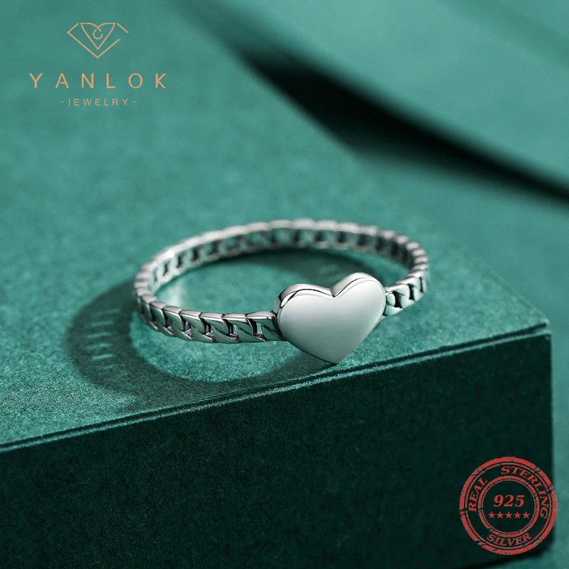 YANLOK Brand 100% 925 Sterling Silver Sweet Love Heart Rings for Women Female European Style Punk Width Chain Rings Jewelry