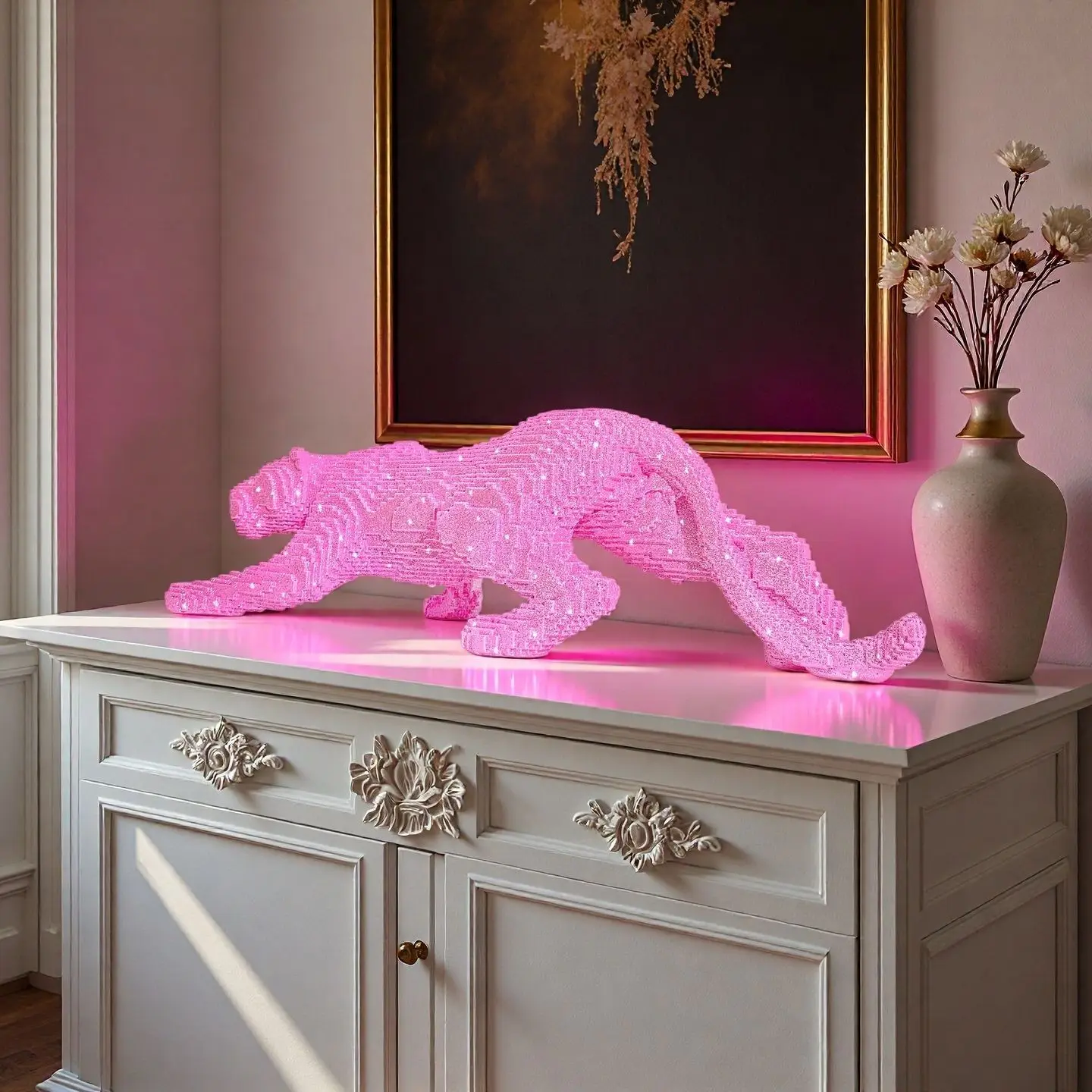 Pink Full Diamond Leopard Ornament, Resin Animal Decoration for Living Room TV Cabinet Tabletop