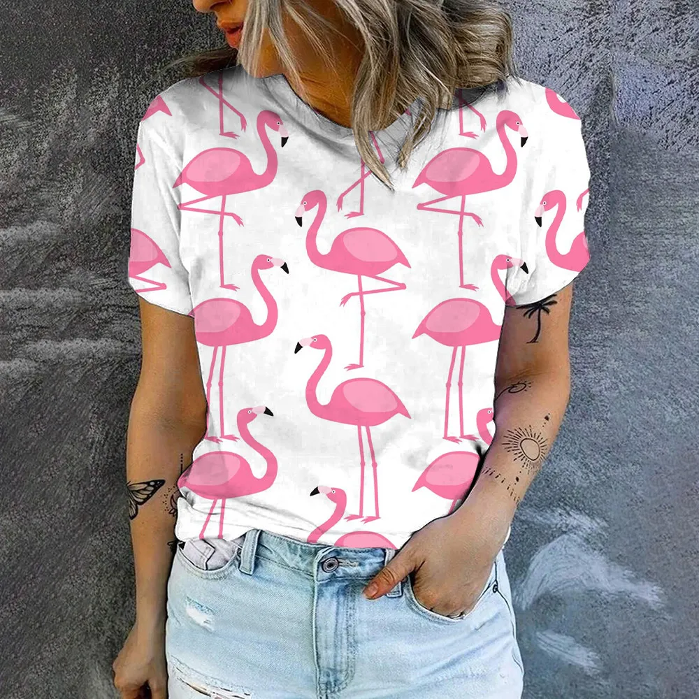 High Quality Daily Casual Simple Short Sleeve Summer New Flamingos Print Loose T-shirt Women's Street Fashion Crewneck T-shirt