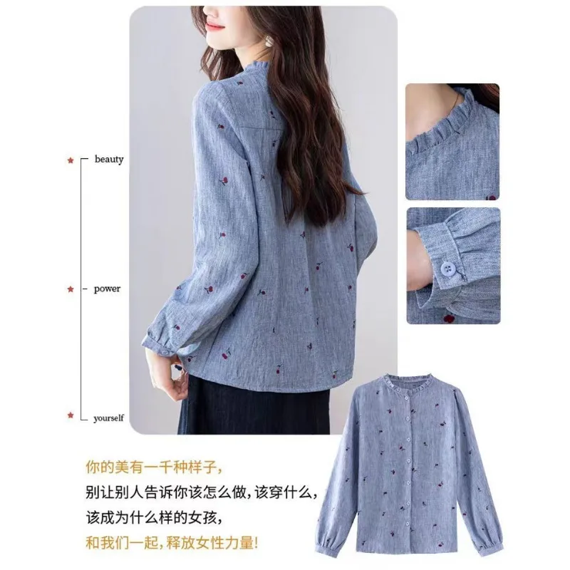 Literary Printed Long-sleeved Cotton Linen Shirts for Women Autumn Wear Temperament Casual Shirts Versatile Western Style Tops